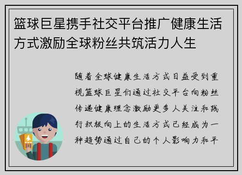 篮球巨星携手社交平台推广健康生活方式激励全球粉丝共筑活力人生