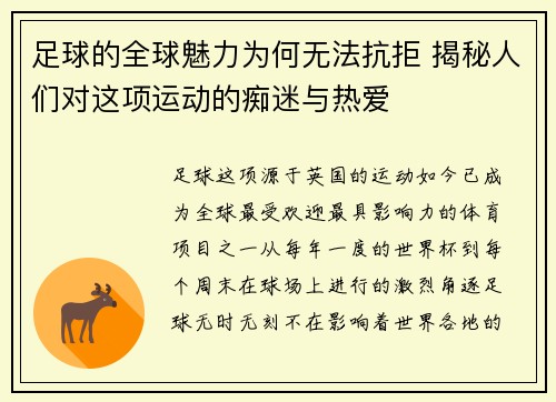 足球的全球魅力为何无法抗拒 揭秘人们对这项运动的痴迷与热爱