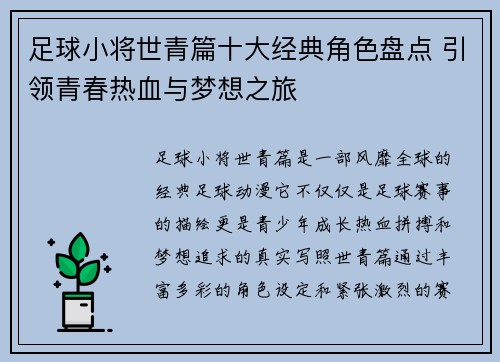 足球小将世青篇十大经典角色盘点 引领青春热血与梦想之旅